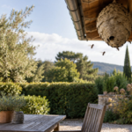 Nid de guêpes en location en 2026 : nid installé sous l'avant-toit au-dessus d'une terrasse de vacances