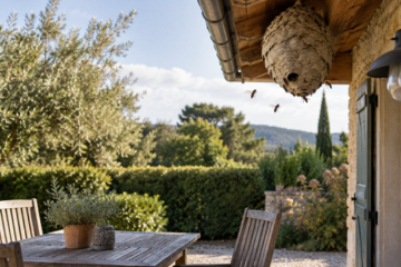 Nid de guêpes en location en 2026 : nid installé sous l'avant-toit au-dessus d'une terrasse de vacances