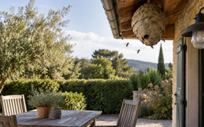 Nid de guêpes en location en 2026 : nid installé sous l'avant-toit au-dessus d'une terrasse de vacances